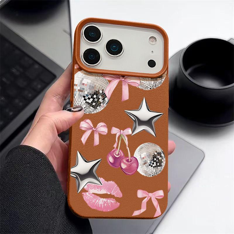 Cherry Bowknots Lips Disco Ball Pattern Case For iPhone 17 Pro Max iPhone 16 Pro Max 15 14 13 12 11 16E Air Luxury Leather Texture Silicone Cover
