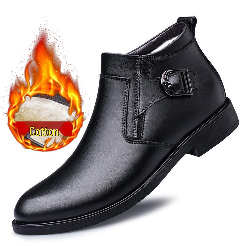 Men's High-Top Leather Business Boots with Warmth and Zipper, Large Size, Martin Style, for Autumn and Winter.