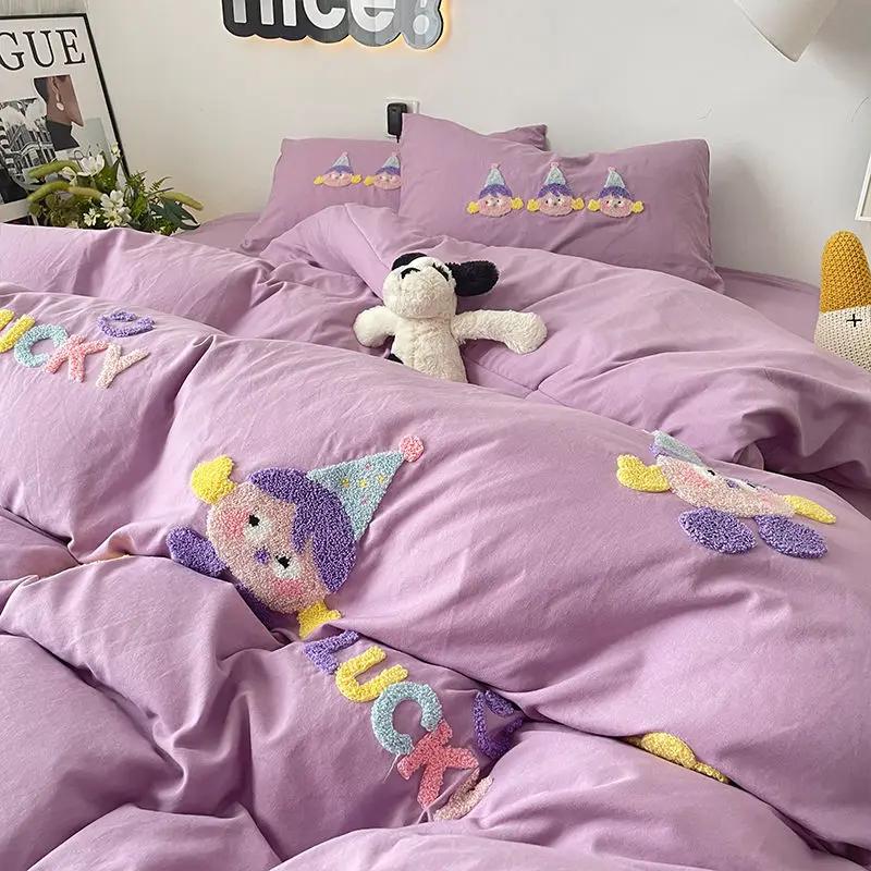 

Purple Washing Bedding Set Cotton Towel Embroidered Small Doll Four PIECE Set Dormitory Cardboard Duvet Cover Quilt Duvet Set 150x200 3pcs