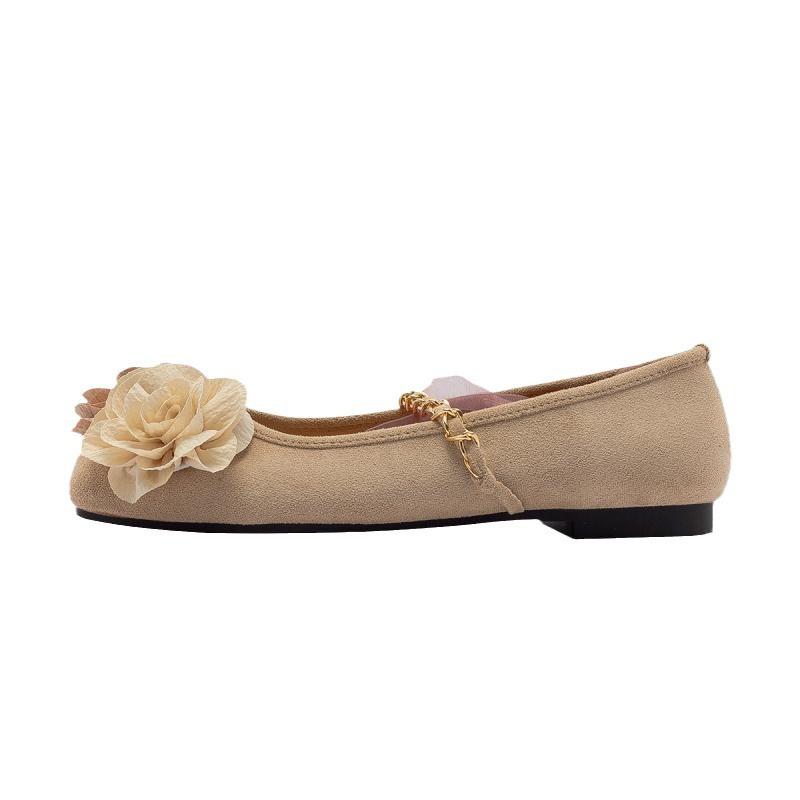 Dry Rose Camellia Princess Shoes Square Head Ballet Straps Girls Single Shoes Flat Fairy Bridesmaid Shoes Mary Jane