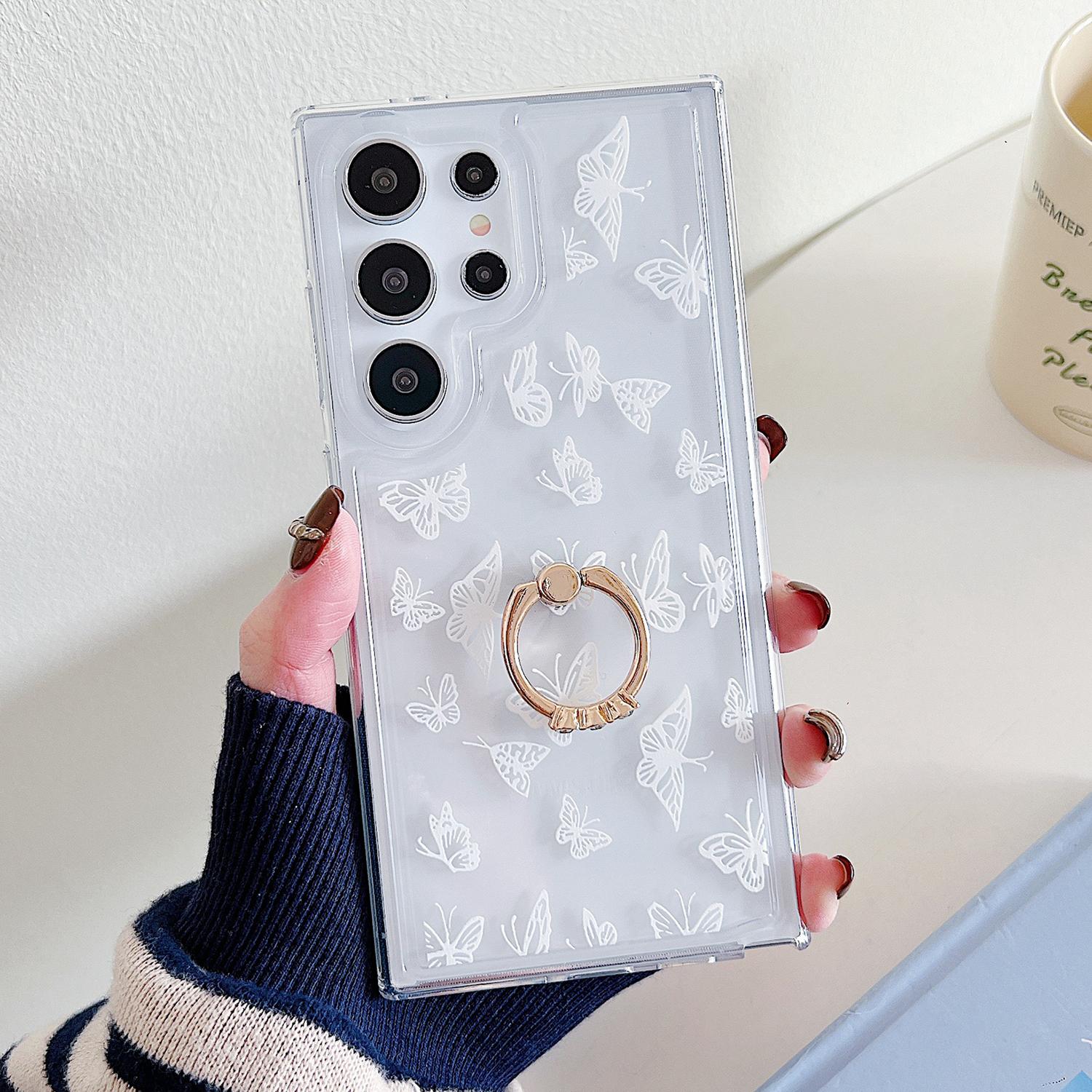 

For Samsung Galaxy S25 Ultra Case Ring Kickstand Pattern TPU Airbag Phone Cover White Butterflies