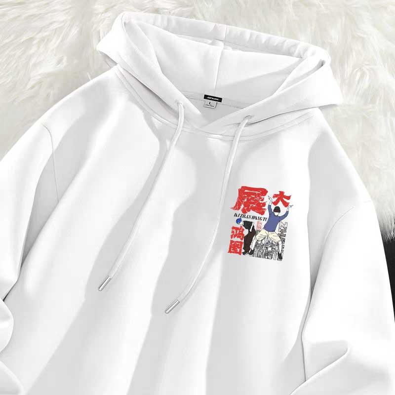 Autumn Chinese Character Cartoon Printed Hooded Sweatshirts For Man Cotton Fleece Y2K Pullover Hoodies High Street Fashion Hoody