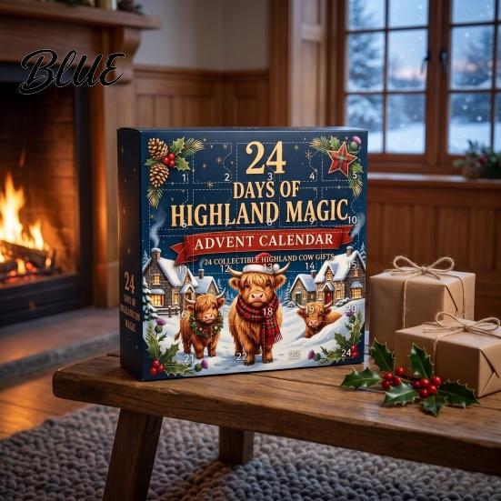 Desktop Holiday Ornaments 24 Days of 3D Highland Cow Christmas Advent Calendar, Cute Farm Party Favors Cattle Countdown Calendar with Mini Figurines