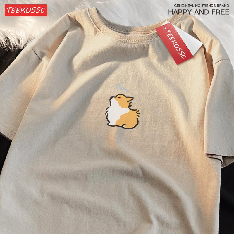 Hair Dryer Corgi Chest Logo Small Label Fashion Pure Cotton Short Sleeve T-shirt Men Women Cute Funny Cute Original Half Sleeve
