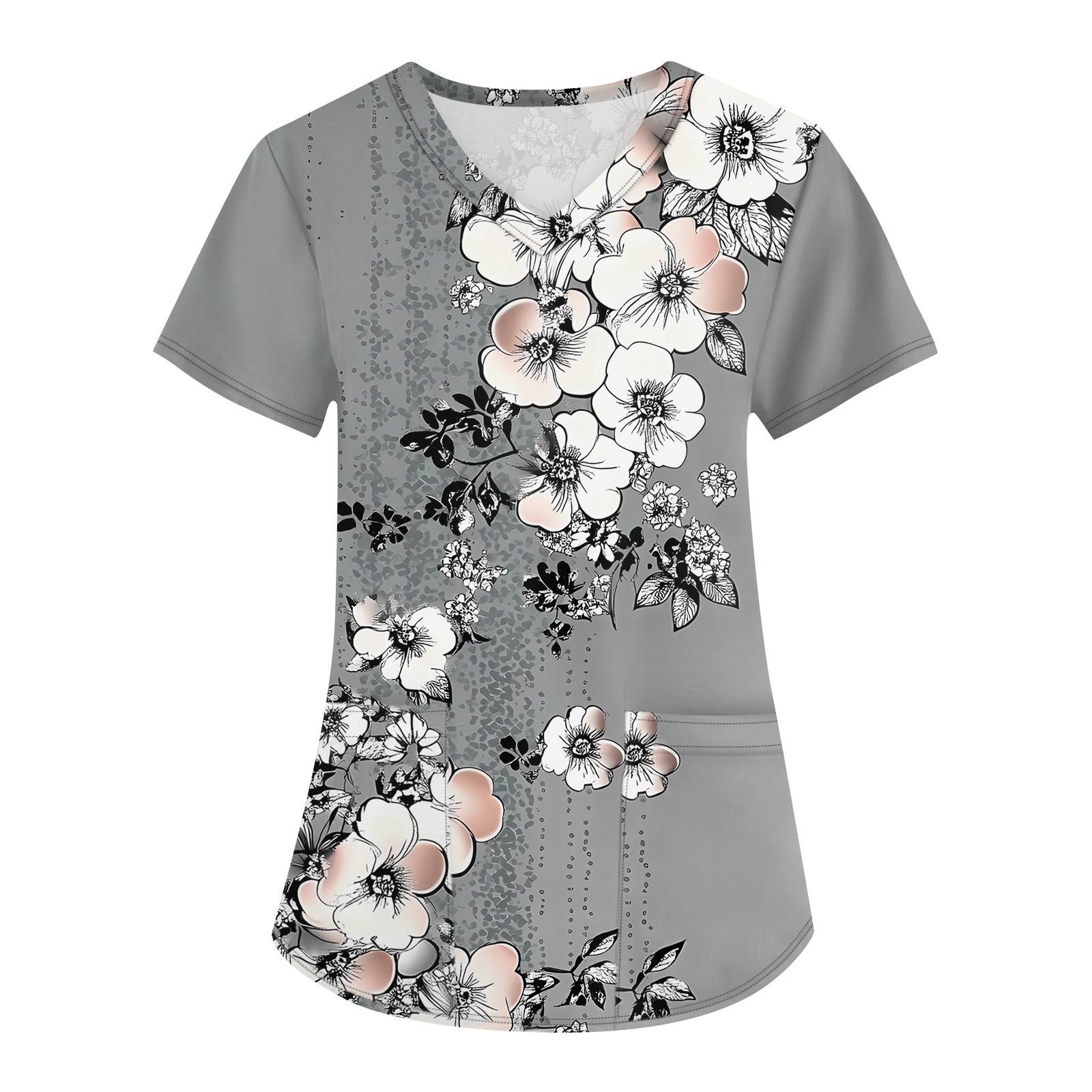 

Женская мода с v-образным вырезом, короткими рукавами и карманами, топы с принтом M