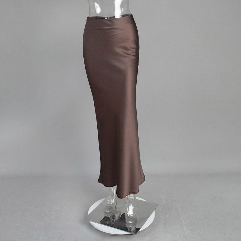 

European and American Satin Long High Waist Sheath Mopping Fishtail Skirt Fish Tail Skirt Curry color L