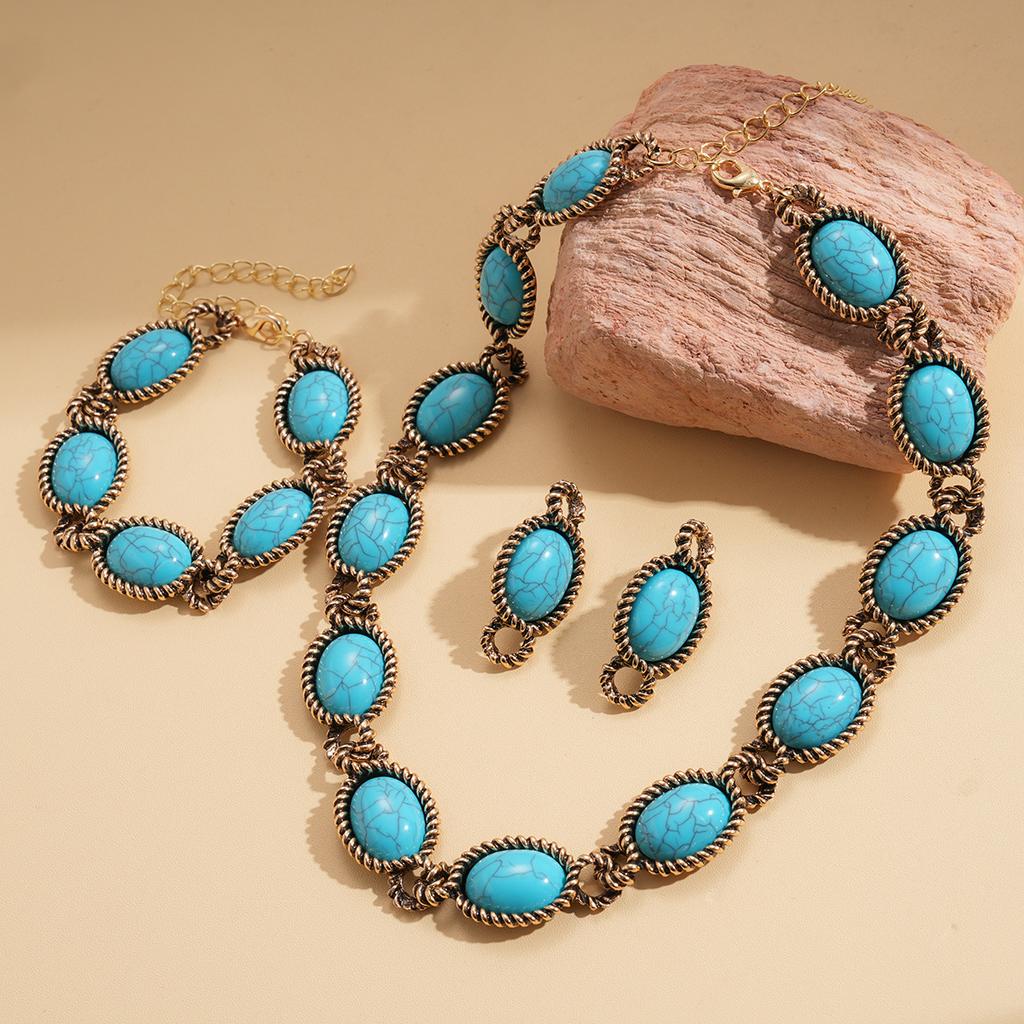 Turquoise Blue Diamond Flower Stud Earrings Necklace Light Luxury Niche Clavicle Chain Premium Jewelry Set