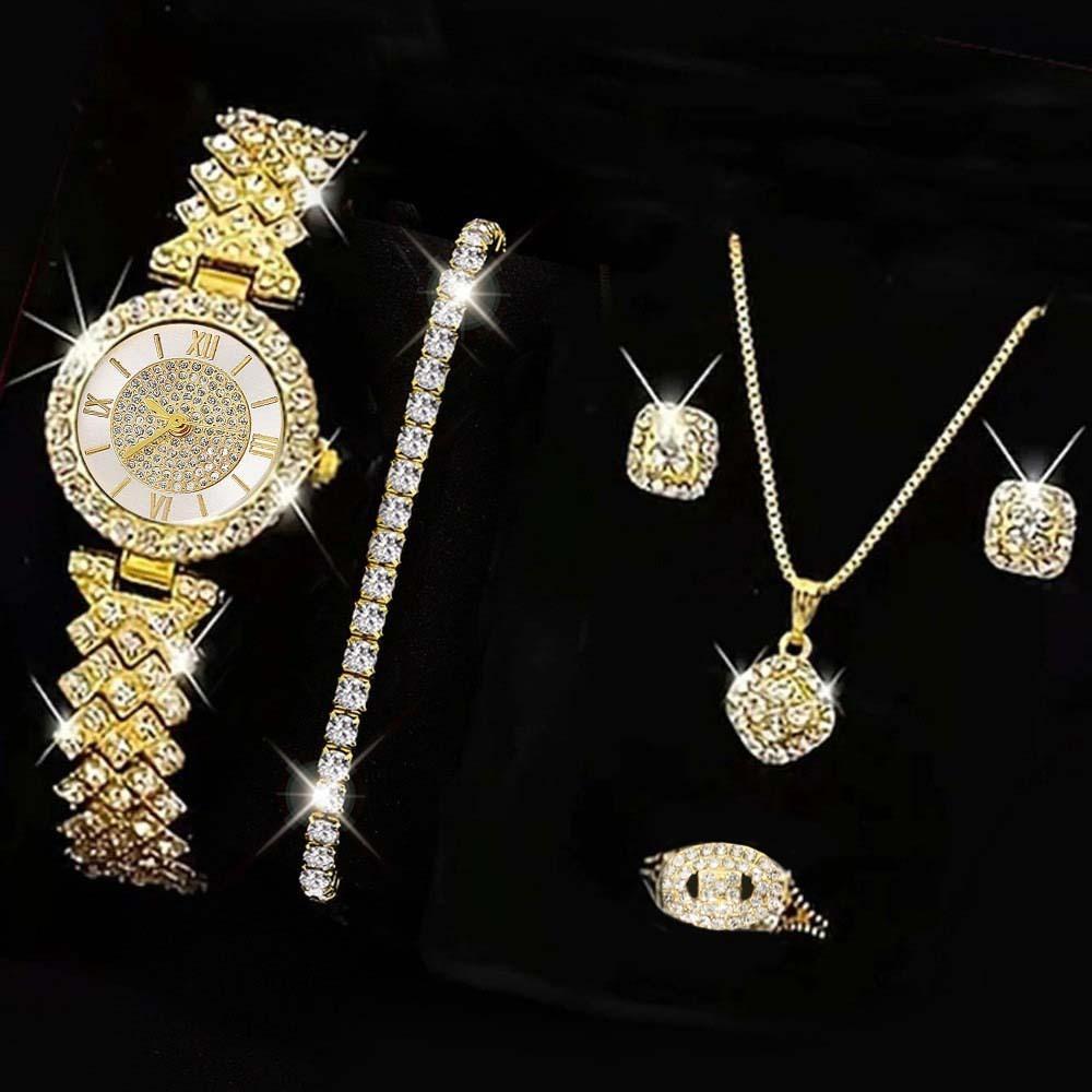 

Набор украшений из 6 предметов со сверкающими стразами, Роскошное ожерелье, браслет, набор серег, Подарки золотой