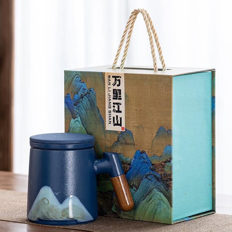 Guochao Holzgriff Yuanshan Keramiktasse mit Deckel Qianli Weißporzellan Jiangshan Büro Tee- und Wasserseparation Geschäftsgeschenk