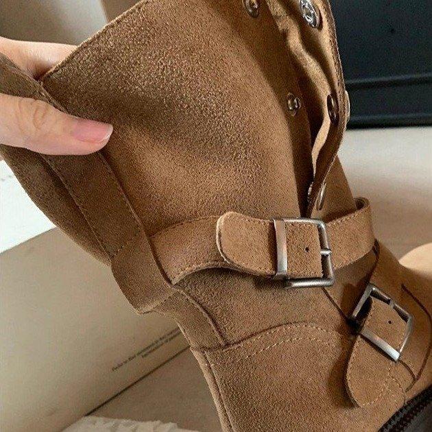 Cowhide Version! Retro Thick Heel Folded Two Women's 2025 New Thin Thick-soled Medium Boots Autumn