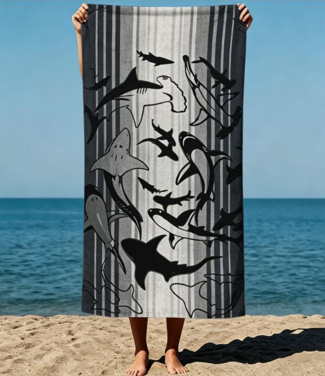 Serviette de Plage Rayée Silhouette de Requin Microfibre Sans Sable Séchage Rapide Impression Vie Marine Noir et Blanc Douce Absorbante pour l'Été et la Piscine