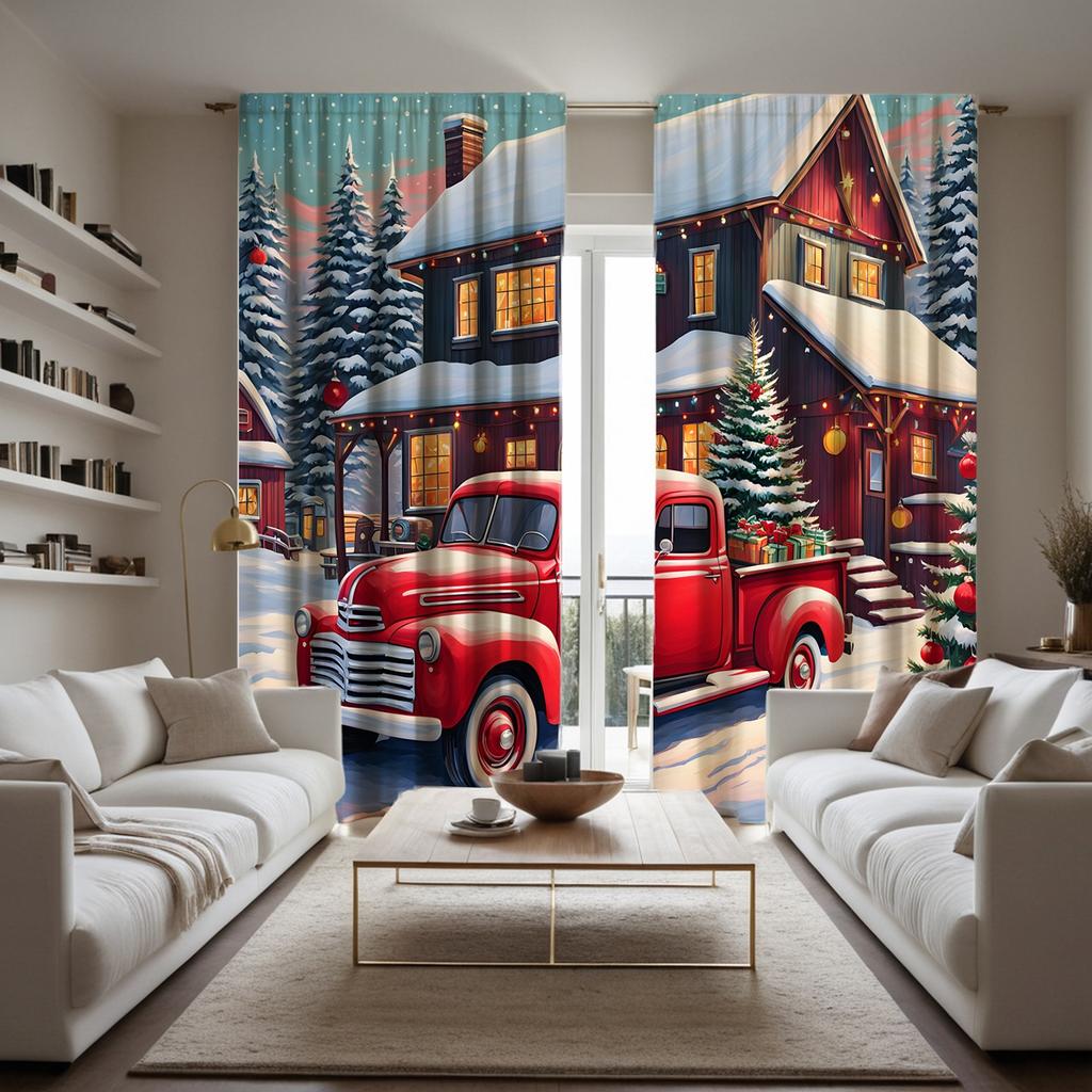 2 sztuki HD po Śniegu Boże Narodzenie Dom wiejski ciężarówka dekoracja choinki zasłona czerwony krawat cyfrowo drukowana zasłona dekoracja domu