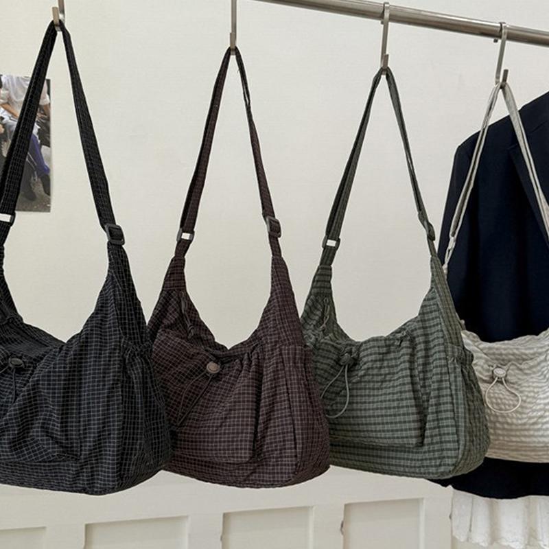 Korean Style Plaid Casual Shoulder Bag, Lightweight Checkered Crossbody Bag With Adjustable Strap, Cotton Quilted Fabric Handbag