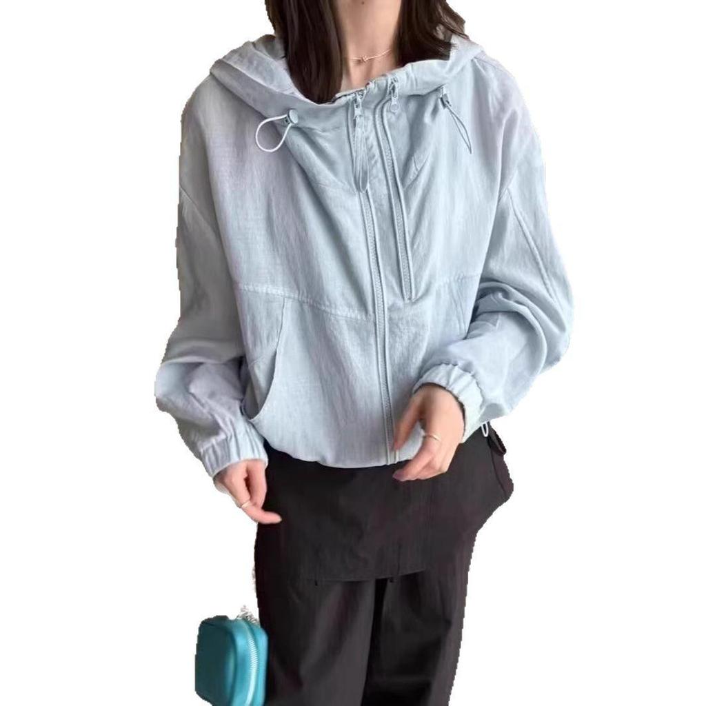 Women's Summer Korean Style Hooded Short Jacket, Versatile and Loose with Double Zipper, Mesh Lining, Sun Protection, Thin.
