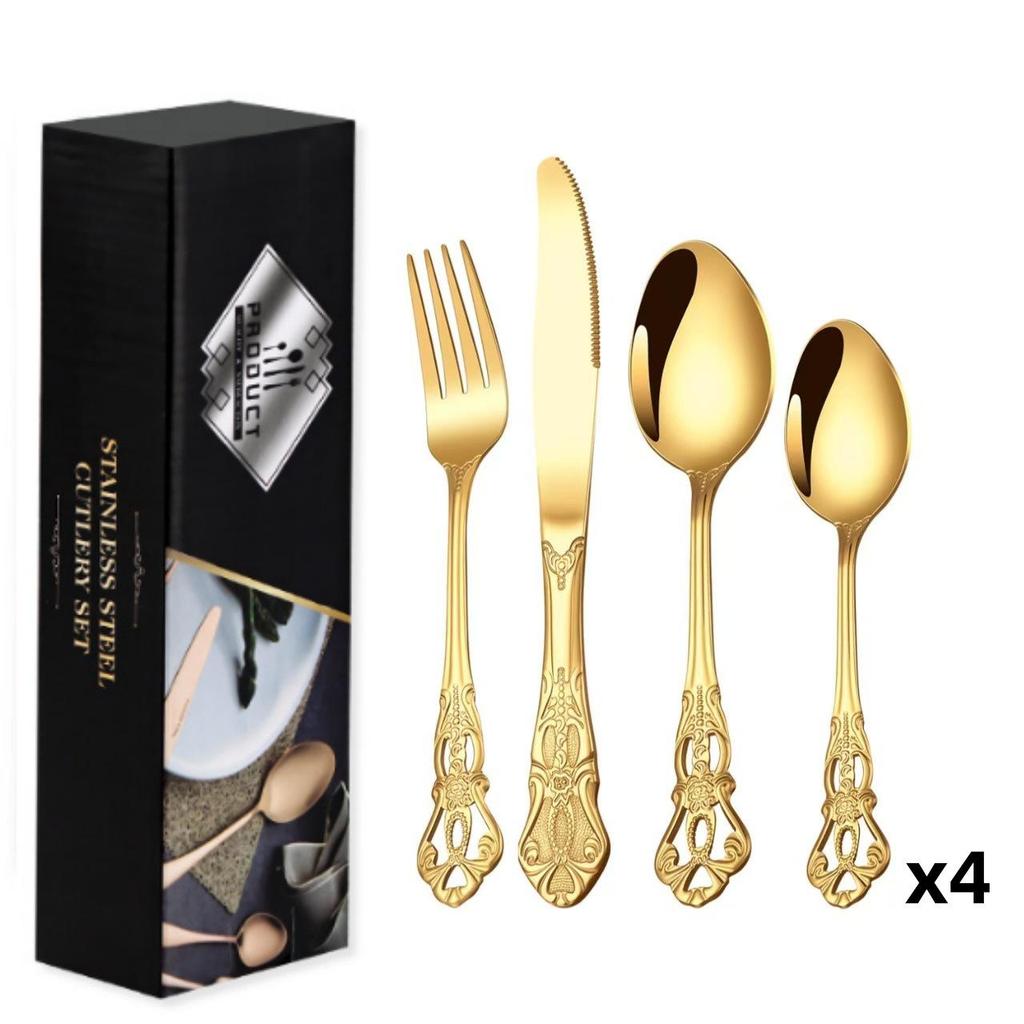 Royal Court 24-Piece Stainless Steel Cutlery Set - Embossed Hollow Steak Knives, Forks, and Spoons