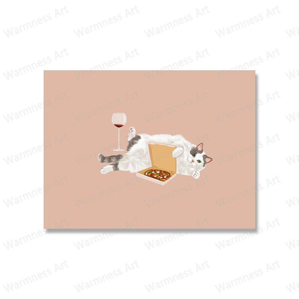 Modern Cat Drink Wine Pizza Poster Wall Painting Funny Animal Canvas Print Poster Nordic Wall Art Pictures For Living Room Decor No Frame