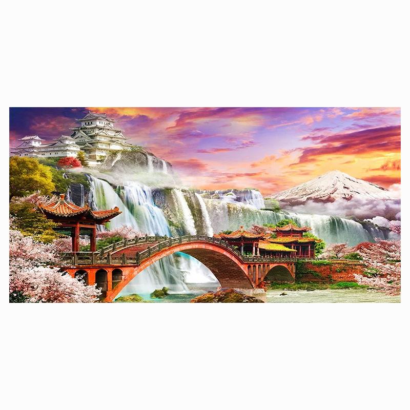 

DIY 5D полная алмазная живопись водопад мост павильон пейзаж пейзаж комплект алмазной вышивки пейзаж вышивка крестиком стены книги по искусству домашний декор 30x60CM