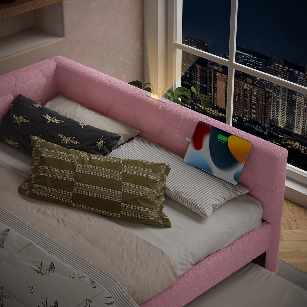 Tagesbett 140x200cm Schlafsofa Ausziehbett Nachttischlampe USB Typ-C Bettrahmen Lattenrost Samt(ohne Matratze)