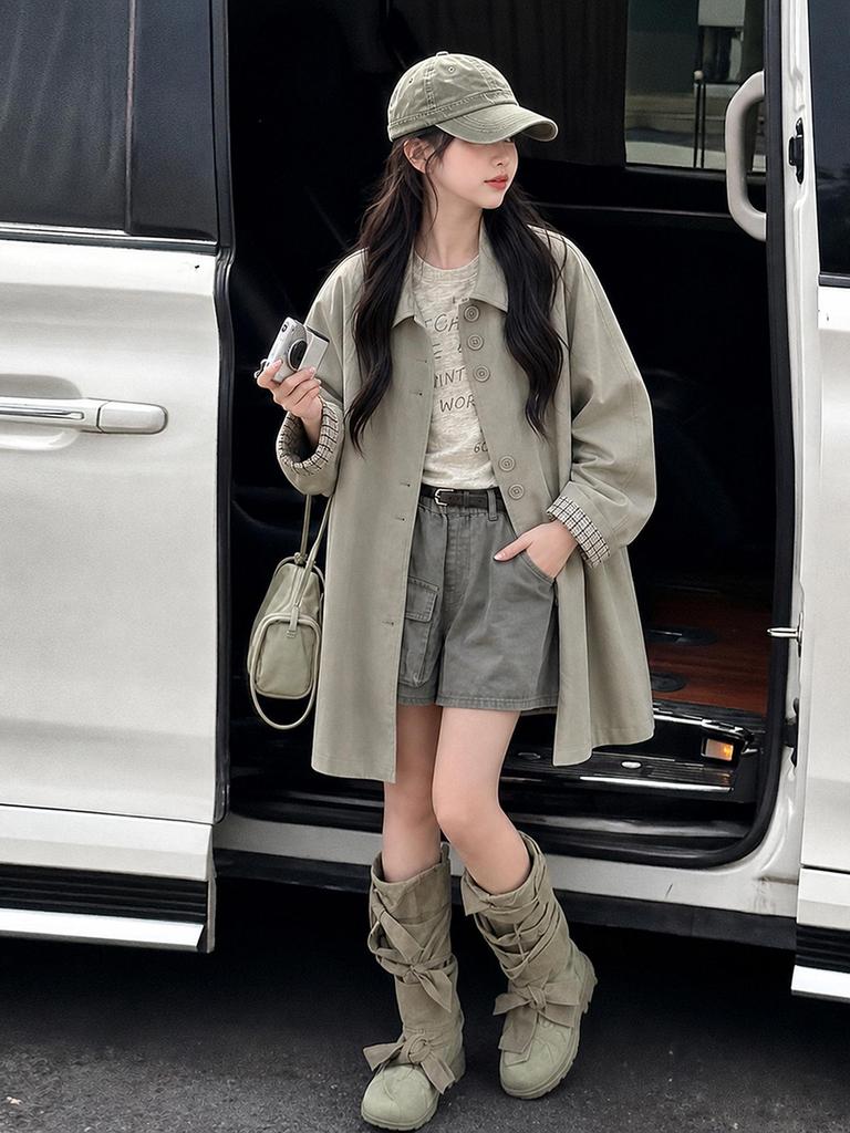 2026 Autumn Girls' Plaid Patchwork Windbreaker: British Style Mid-Length Coat for Junior High Students