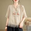 Female Summer Casual Shirt Vintage Style V-neck Floral Embroidery Loose Female Half Sleeve Shirts