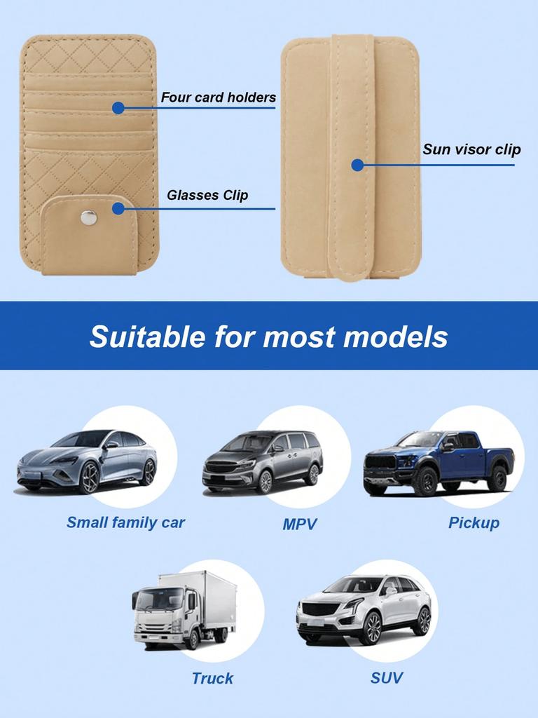 1Pc Car Sun Visor PU Leather Organizer - Multifunctional Sunglasses & Card Holder, Velcro Design, Universal Fit.