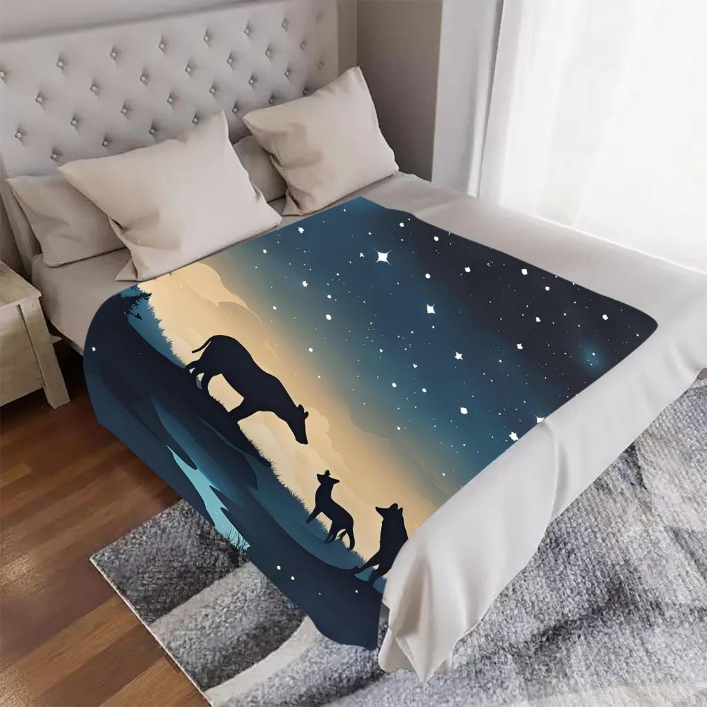 1pc Animals Under the Night Sky Digital Printed Design Blanket - Soft Flannel All-Season Throw with Moon, Stars & Silhouette