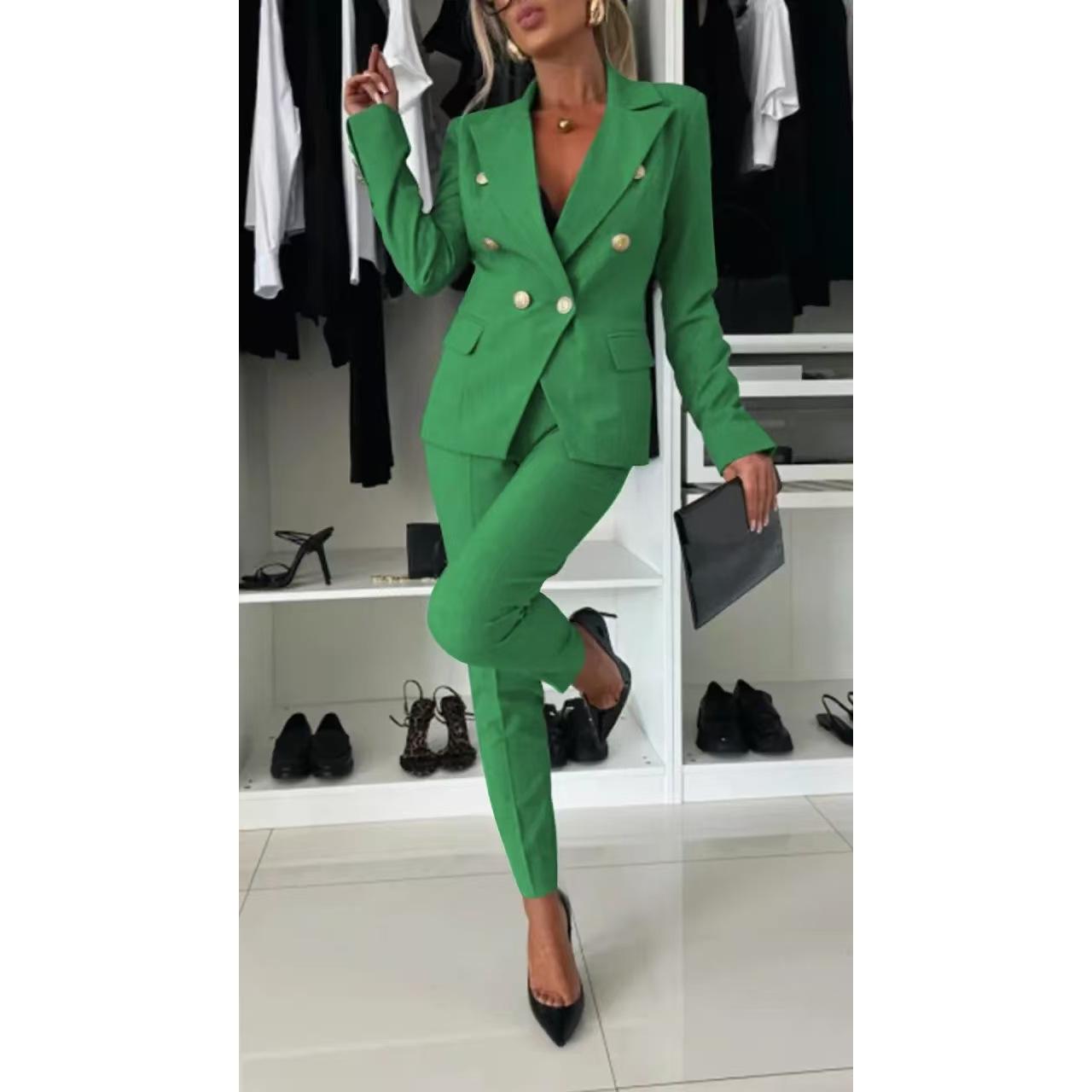 

Жіночий офісний костюм Весна-Літо, Приталений піджак з брюками для Business Casual, Професійний двокомпонентний робочий одяг для роботи S зелений