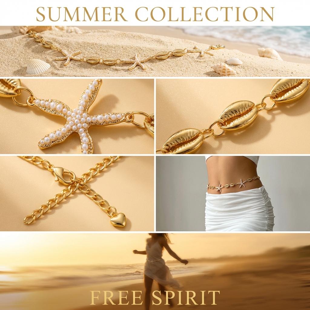 Boho Gold Color Starfish Waist Chain for Women Summer Beach Imitation Pearl Beads Belly Chains Bikini Body Jewelry Accessories
