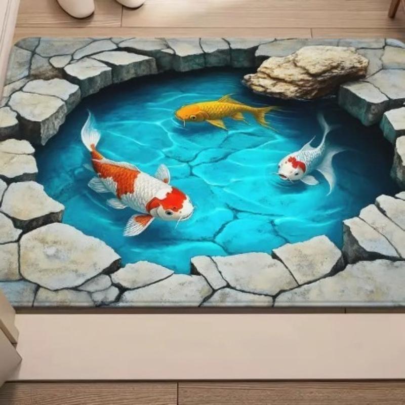 3D Optik İllüzyon Halı Gerçekçi Balık Göleti Alan Halısı Yıkanabilir Japon Balığı Göleti Paspas Kaymaz
