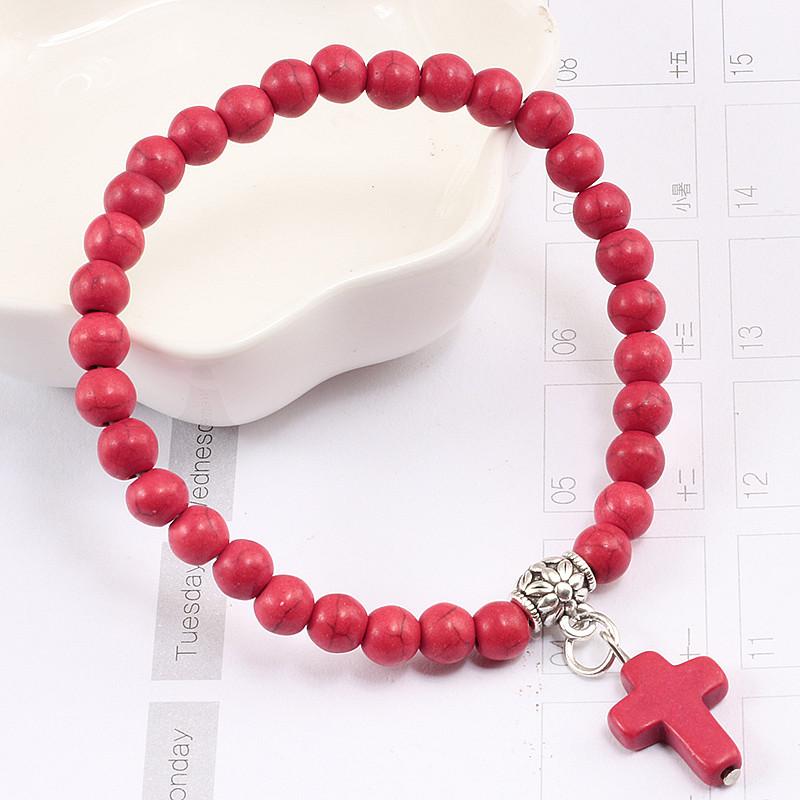 Vintage Cross Natural Stone 6mm Beads Bracelet Charm Men Blue Bead Pendant Strand Bracelets Bangles Women Fashion Jewelry Gifts