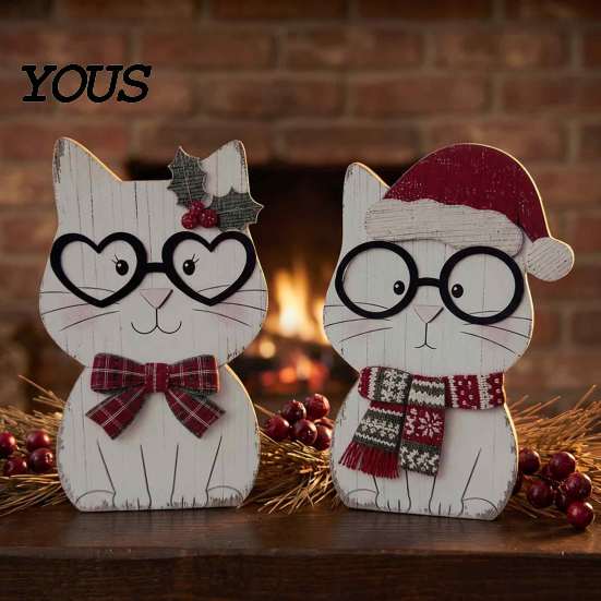 Small Wood Christmas Ornaments Wooden Cat Tabletop Decor, Cute Kitty Figurine, Rustic Farmhouse Decor for Xmas Tiered Tray Ornament Living Room Shelf