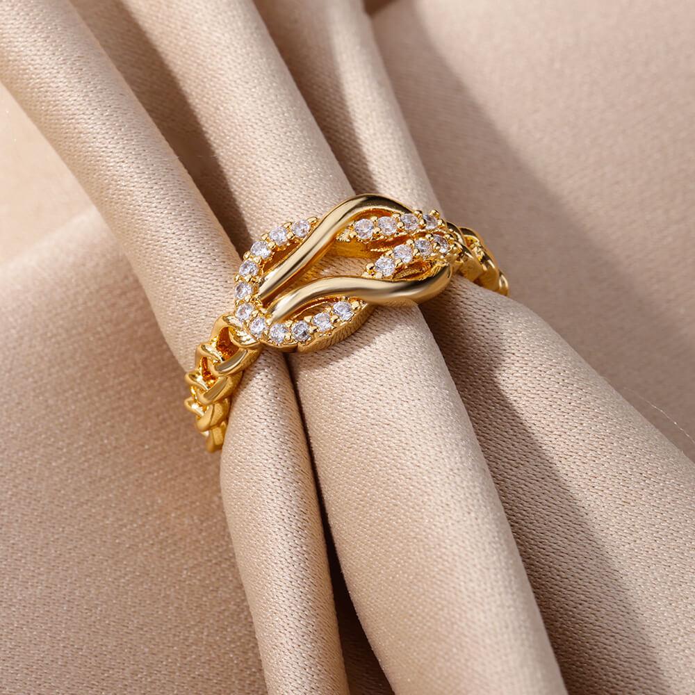 Zircon Intertwine Open Rings For Women Girls Gold Color Stainless Steel Chain Link Ring Wedding Aesthetic Jewelry Party Gifts