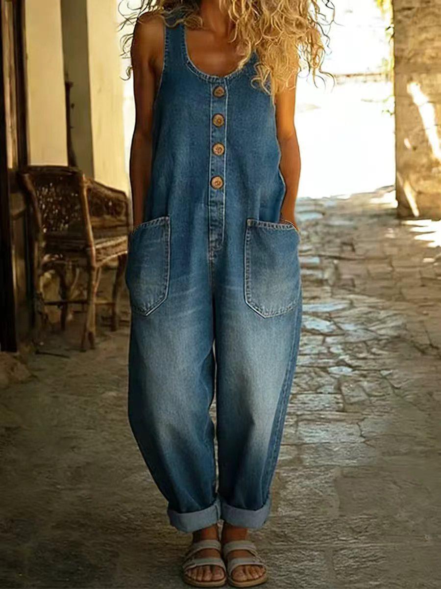2026 Frühling Damen Retro Weiter Bein Faux Denim Overall XL blau