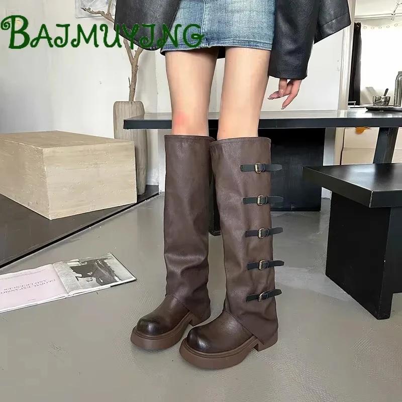Luxury Platform Knee High Boots Leather Punk Women Shoes Fashion Chunky Heels Buckle 2025 Trend Winter Snow Botas Mujer Zapatos