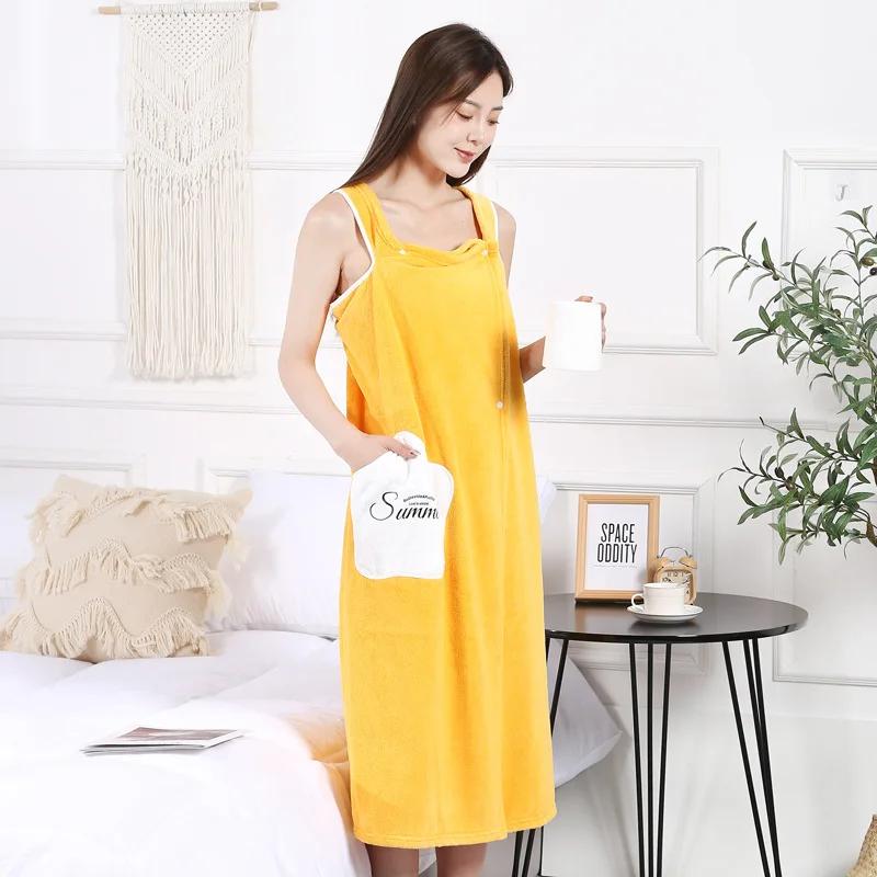 

135x105 см банное полотенце для дома для женщин, носимый халат для взрослых, впитывающий воду, полиэстер, сухая юбка для волос, длинный стиль, ванная комната, моющийся халат 135x105cm жёлтый