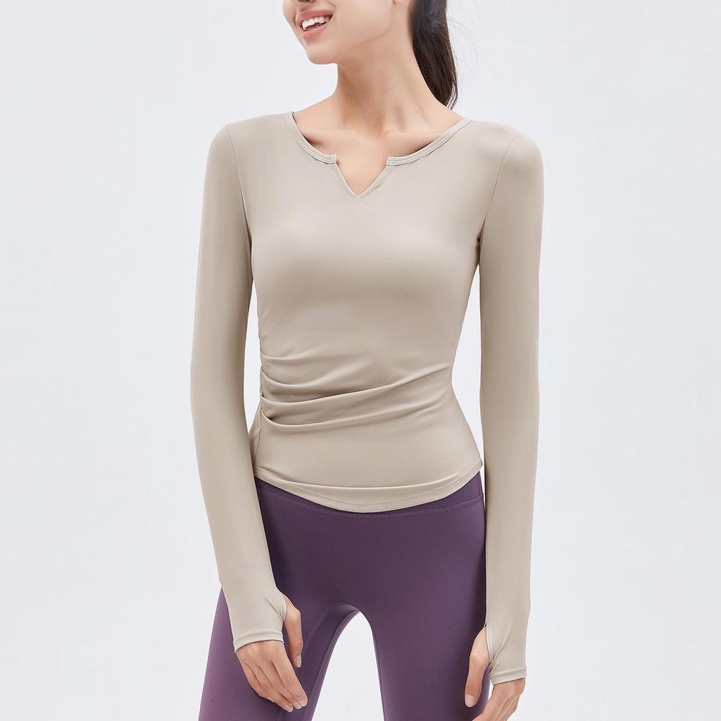 2023 Spring V-Neck Long Sleeve Yoga Top with Chest Pads - Women's Running and Fitness Wear