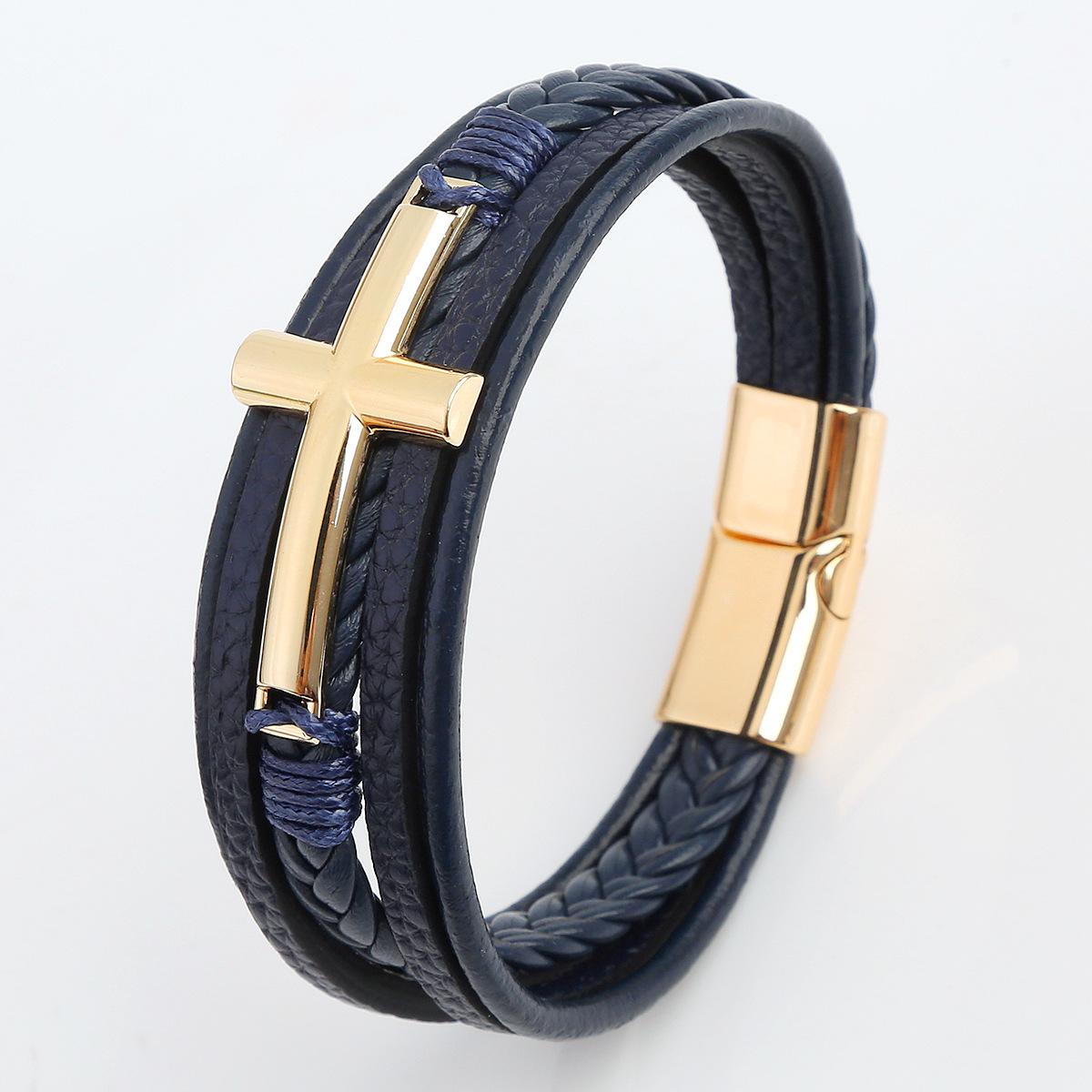 Geometric Leather Bracelet with Alloy Cross Accessory, Hand-woven Men s Bracelet