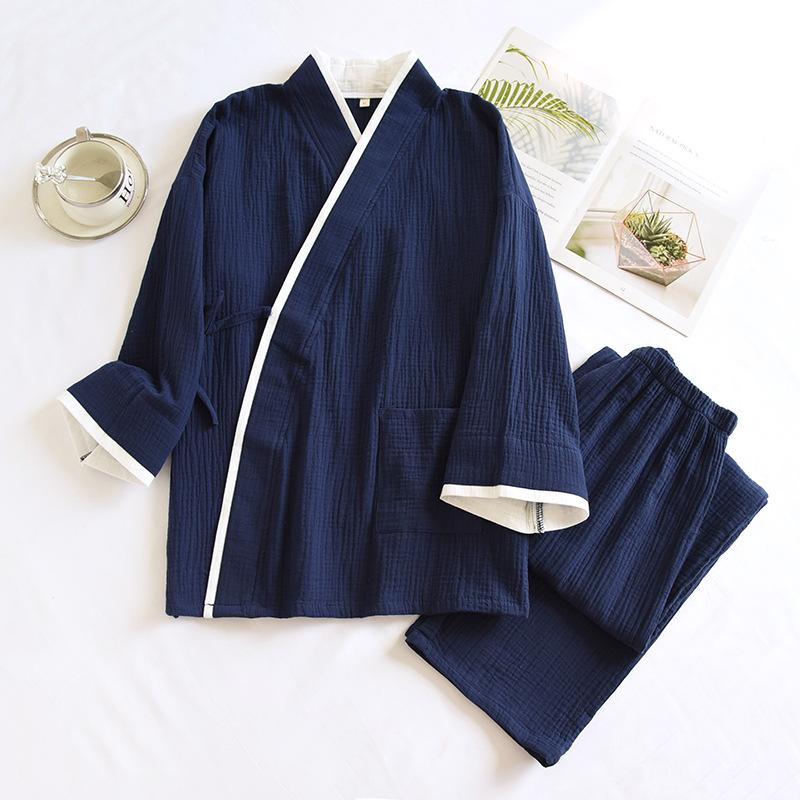 Spring and Autumn Thin Men's Kimono Robes with Long Trousres Cotton Color Matching Pajamas Plus Size Home Pyjamas Set