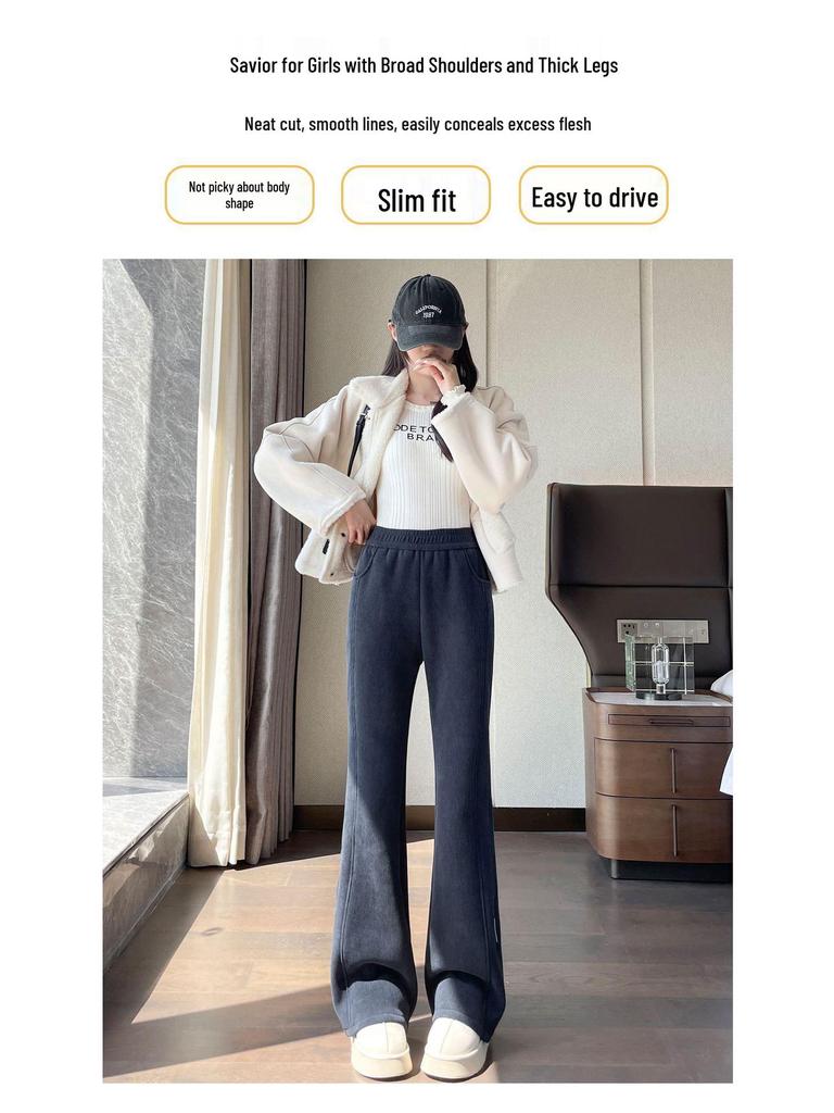 Chenille Fleece-Lined Bell Bottom Pants for Plus-Size Women - Autumn/Winter Lambswool Cotton Micro-Flare Warm Pants