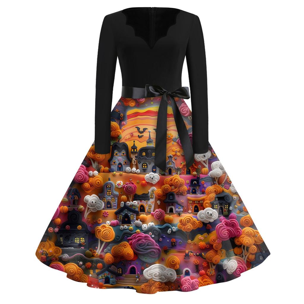 Halloween Print Flare Dress For Women Long Sleeve Dress Hollow Party Casual Dresses