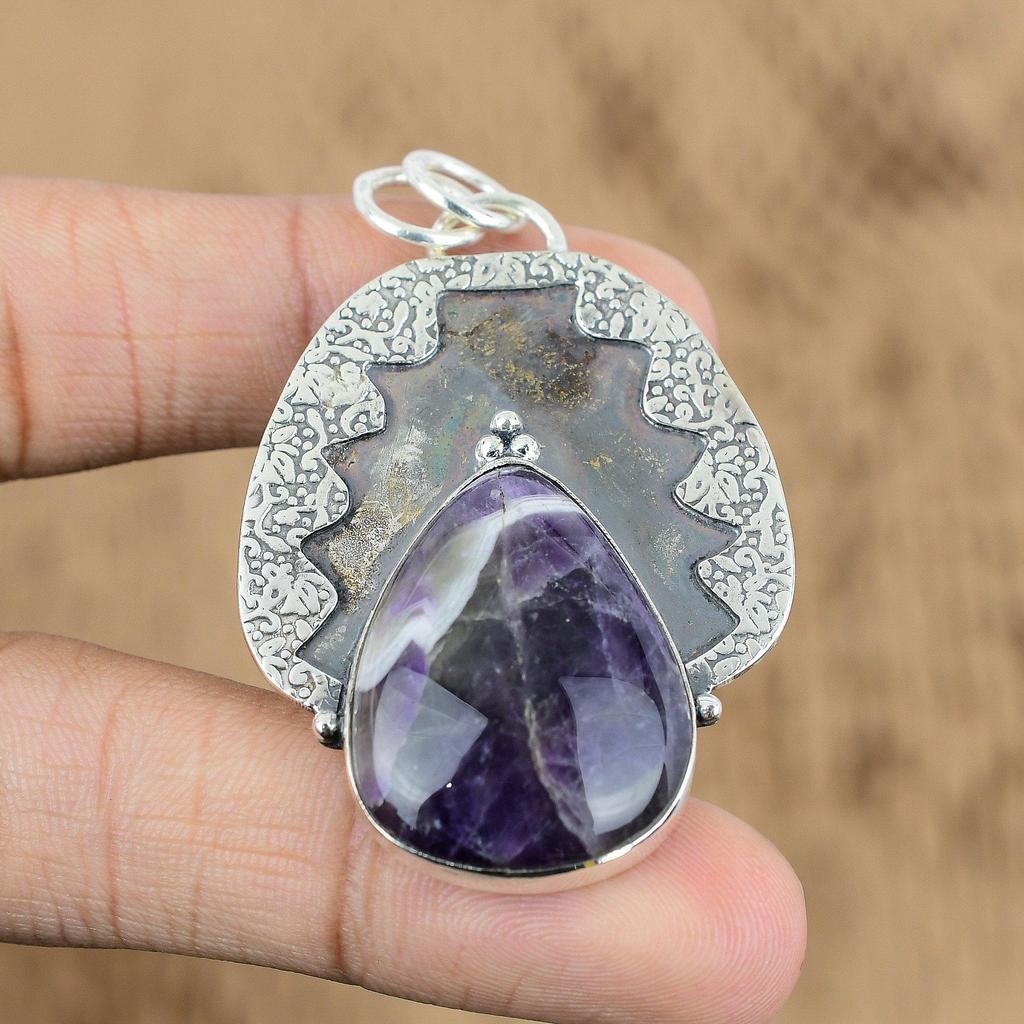 Natural Chevron Amethyst Gemstone Pendant 925 Sterling Silver Indian Jewelry