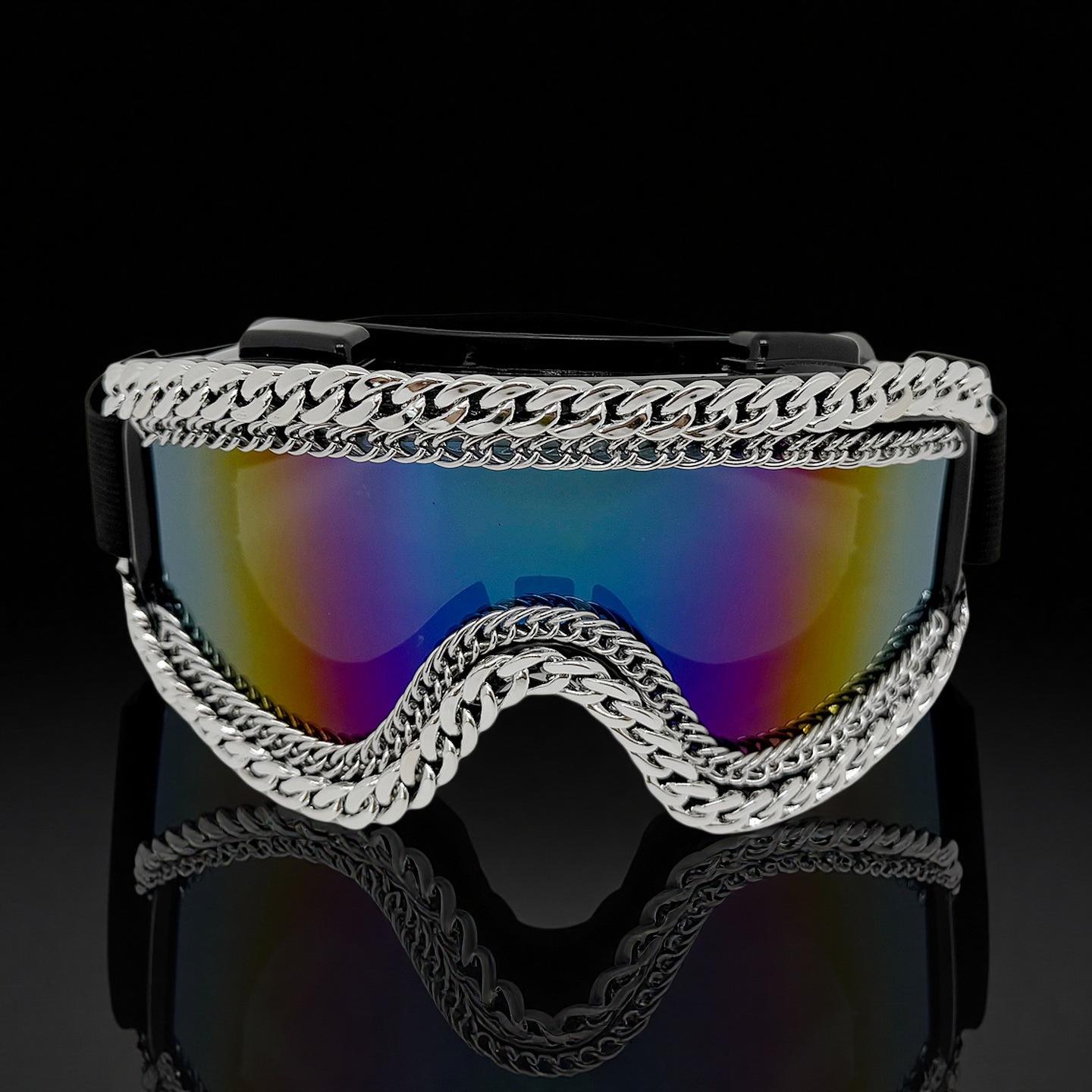 

2026 Hip Hop Punk Style Goggles with Metal Chain Streetwear Hip Hop Oversized Sunglasses for Themed Parties Concerts Bold Look золотой