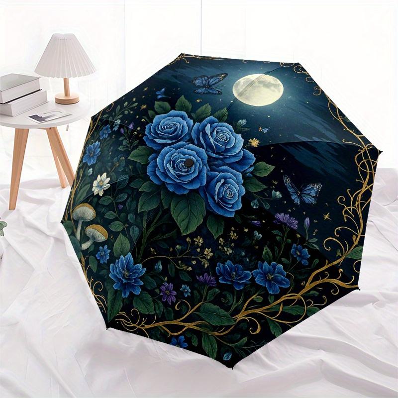 Blauer Rosengarten Mondnacht Regenschirm, Tragbarer 3-fach Regenschirm für Männer & Frauen, Weihnachtsgeschenk ES351