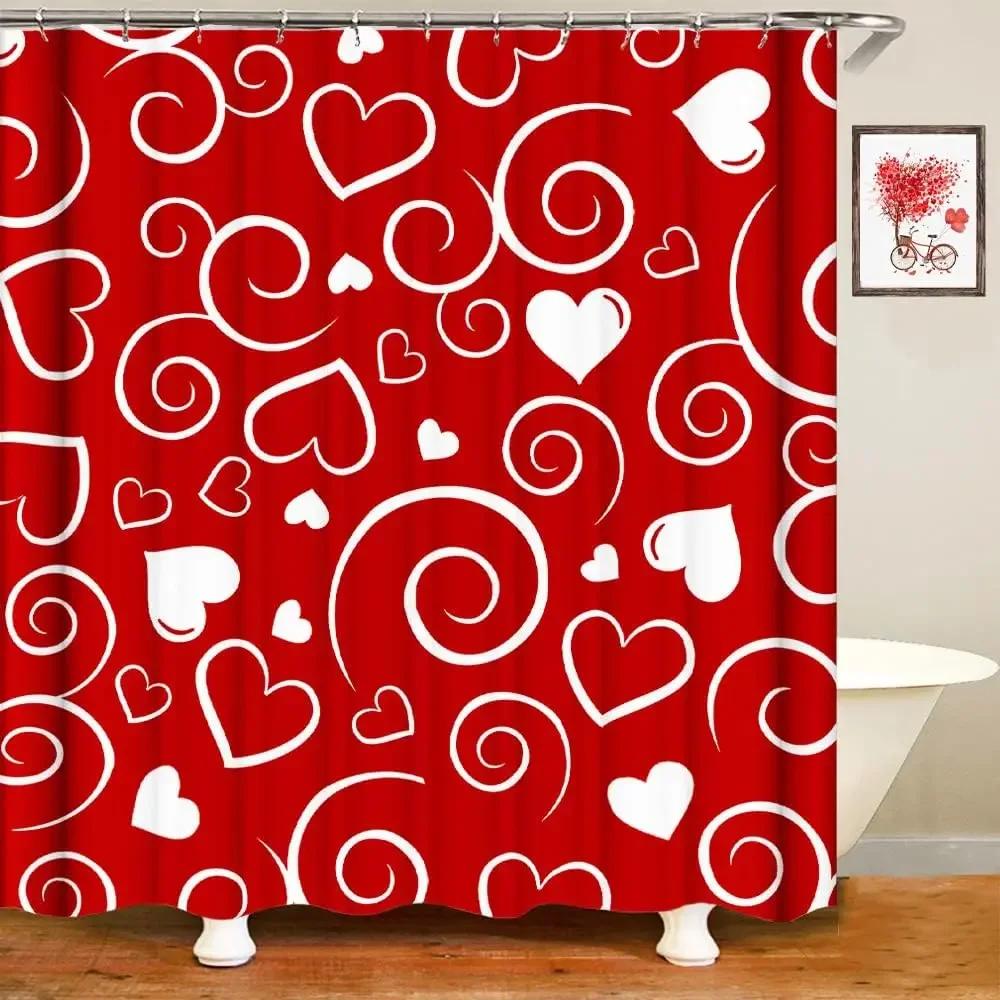 Walentynkowa Zasłona Prysznicowa Spadające Czerwone Para Romantyczna Miłość Łazienka Dekoracyjna Wodoodporna Zasłona Prysznicowa 90x180cm