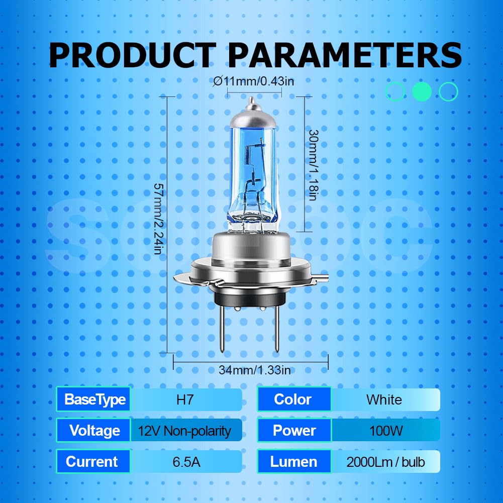 SOFOC H7 Car Headlights, High/Low Beam Lamp, Fog Light, Ultra Bright, , 100W, White, 6000K, Pack of 2