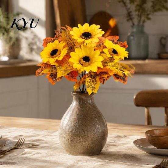 Lifelike Artificial Flower Arrangement Sunflower Maple Leaf Bouquet, Fall Flowers, Realistic Silk Faux Adjustable Stem Floral Bundles for Thanksgiving
