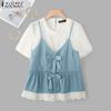 ZANZEA Women Summer Casual Round Neck Short Sleeve Patchwork T-Shirts