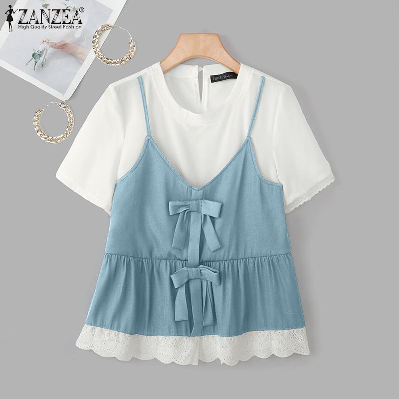 ZANZEA Women Summer Casual Round Neck Short Sleeve Patchwork T-Shirts