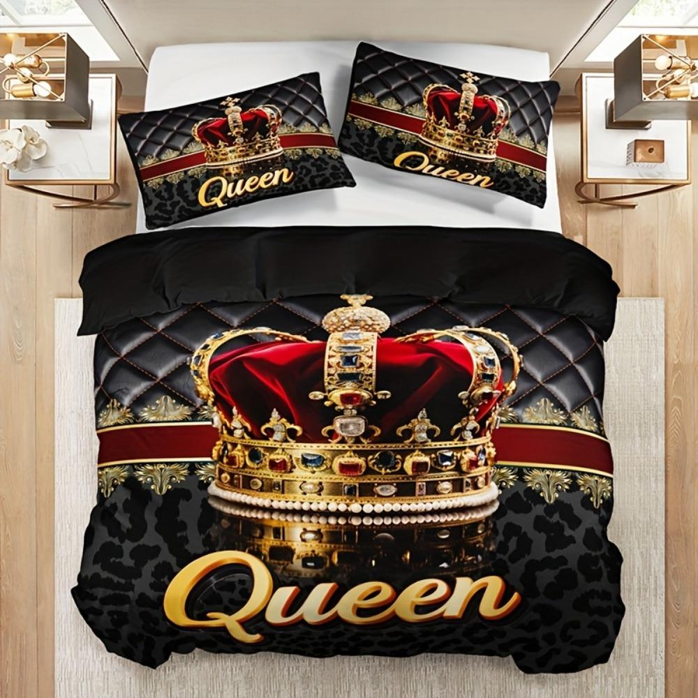 3pcs Black Bedding Set Queen Crown Print King Queen Double Full Twin Single Size Duvet Cover Set 2 Pillowcases for Birthday Gift