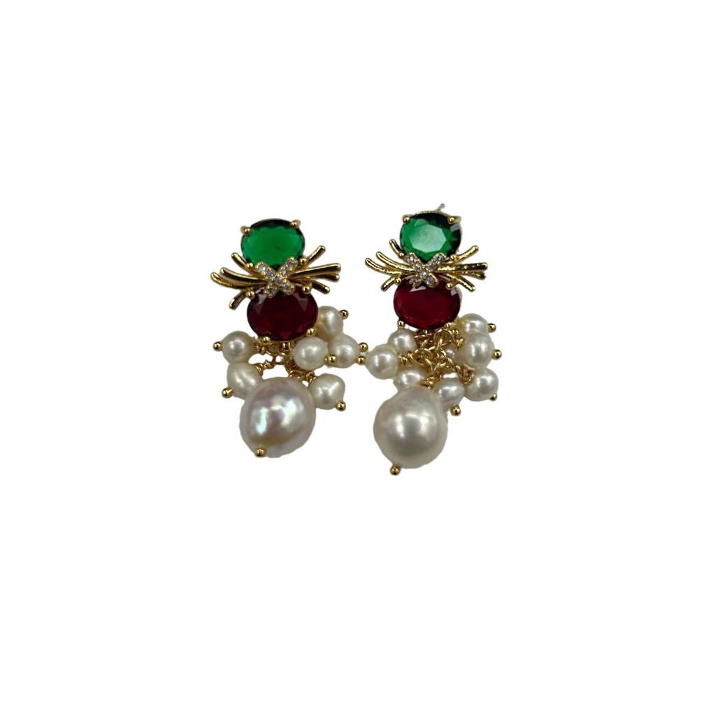 French Christmas Reindeer Pearl Earrings - Retro Flower Design for Autumn & Winter